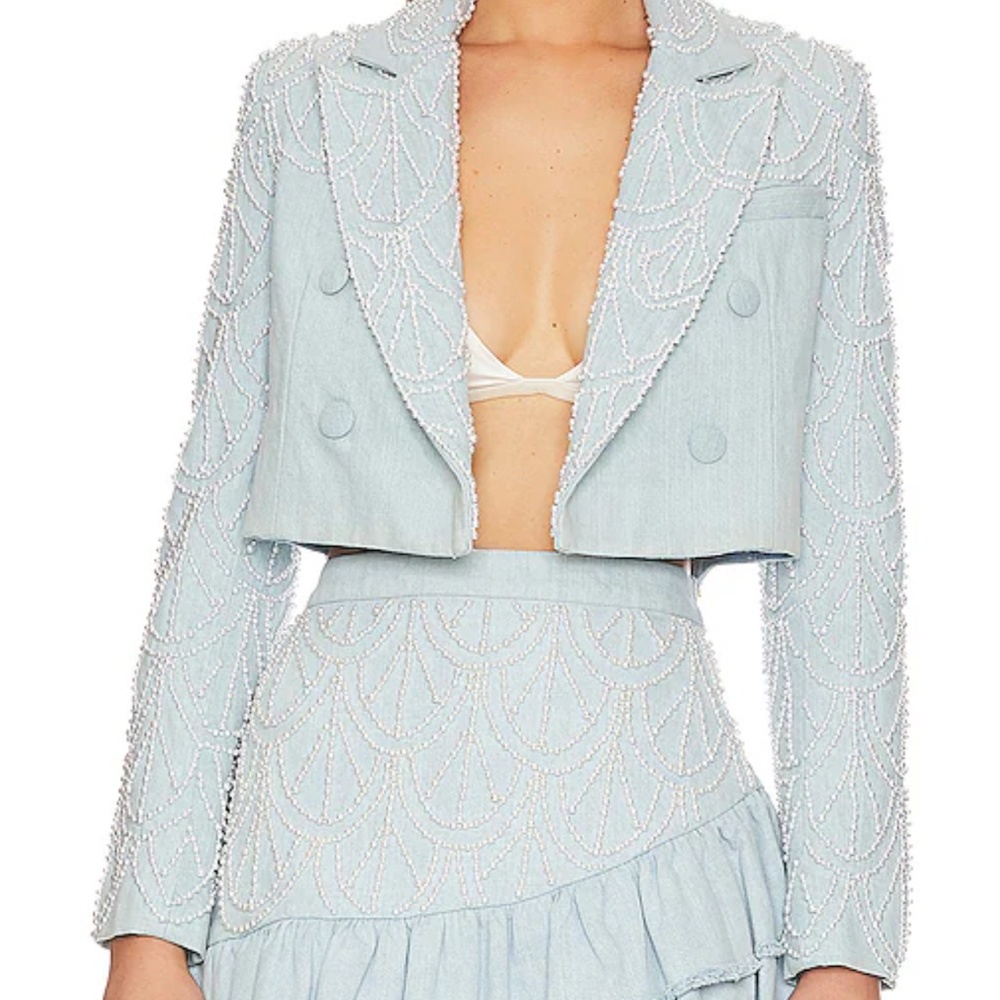 LoveShackFancy • Denim Pearl Cropped Blazer • NWT
